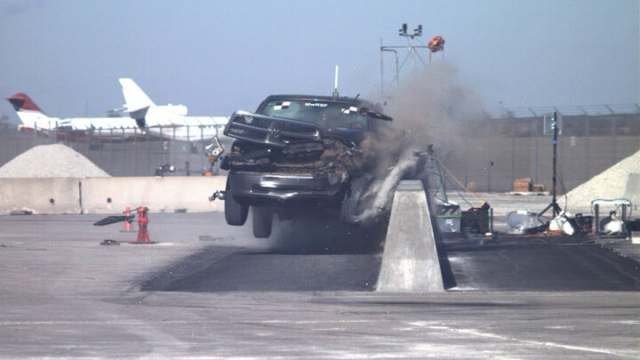 A crash test is conducted at the University of Nebraska–Lincoln’s Midwest Roadside Safety Facility. Researchers at the facility will conduct and participate in testing across key surface transportation safety technology areas to support the Transportation Technology Center.